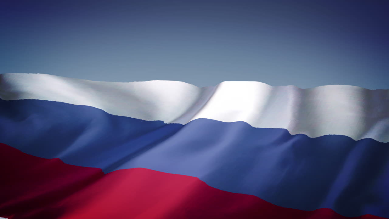 Animação de bandeira da Rússia tremulando com fundo azul.