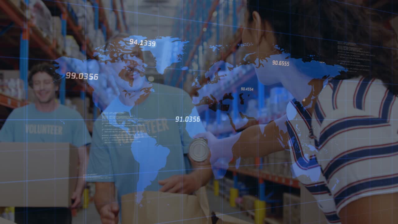 창고의 다양한 자원봉사자들에 대한 금융 데이터 처리 및 세계 지도의 애니메이션