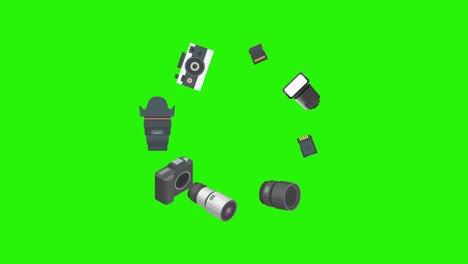 photography gadgets equipment animation, on green screen chroma key, graphic source elements