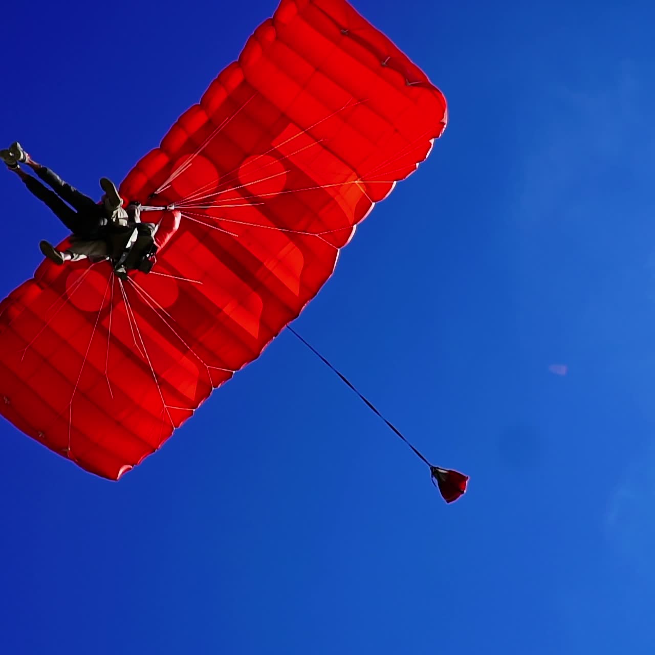 Red parachute with tandem quickly approaching ground. People practicing extreme sport, skydiving. Low angle view