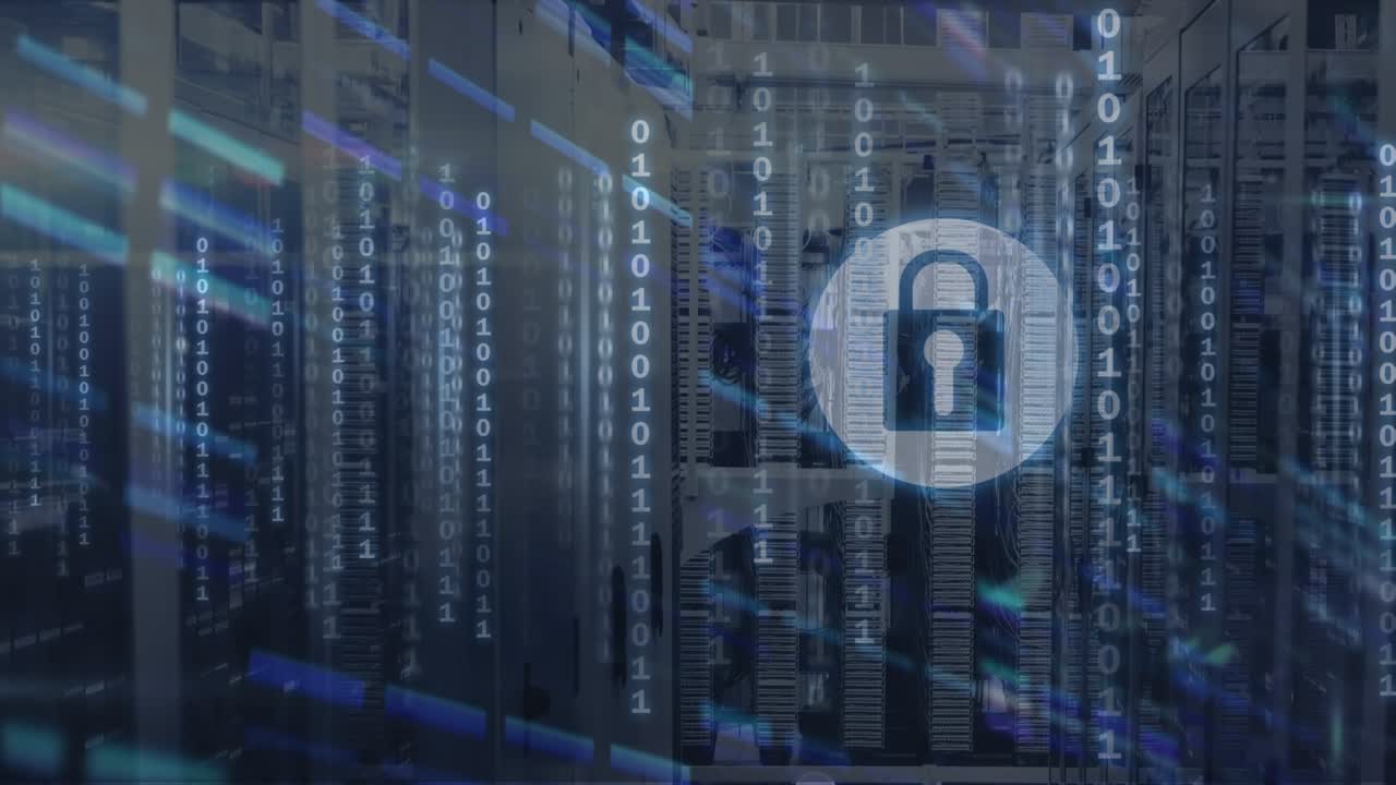 Animation of binary code and padlock over servers