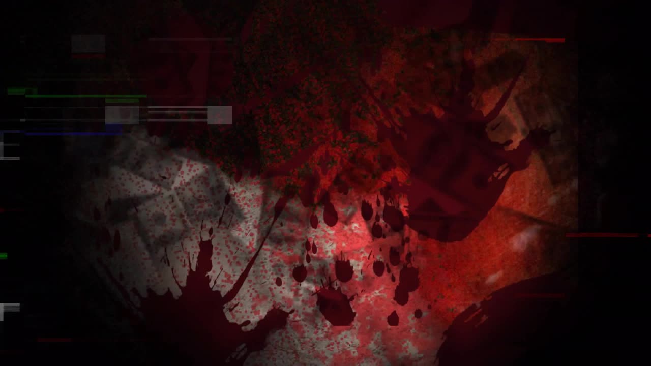 Starting from dark flickering glitch lines, red-gray splatters expanding into abstract composition