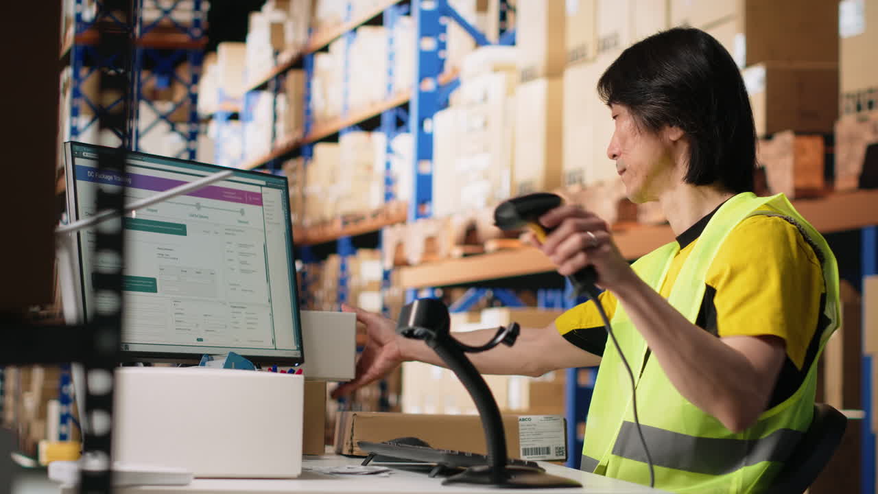 Vertical Video Industrial staff member in big fulfillment center scanning tags on boxes