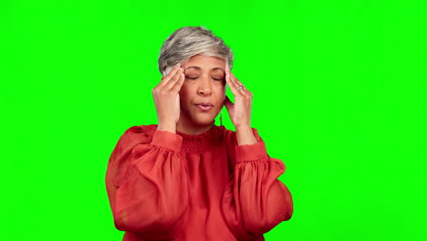 headache, problem and senior woman on green screen