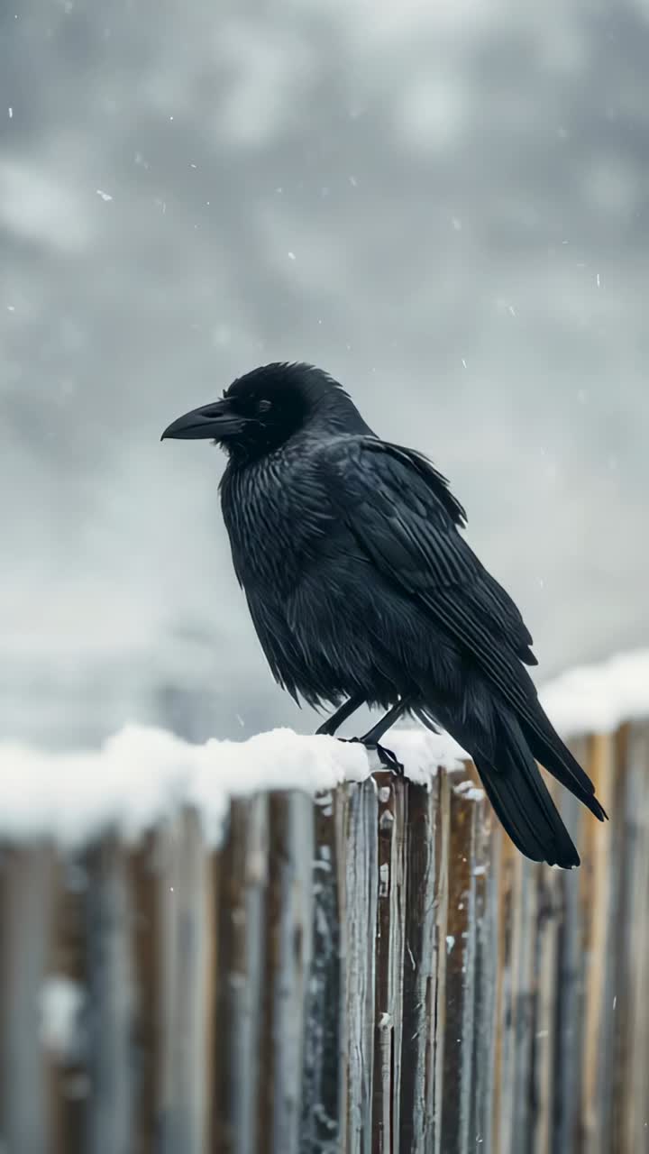 Vertical video: Spotting glint, black corvid pecking snow on wood fence at park, seeking food
