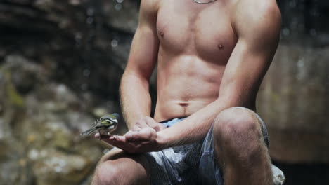 pequeño pájaro colorido comiendo de la mano de un joven feliz en la selva tropical