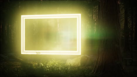 neon glowing rectangle frame in the night forest