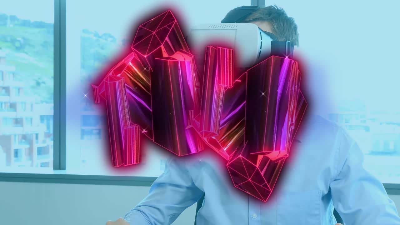 Animation of glowing pink metallic rods floating over shapes