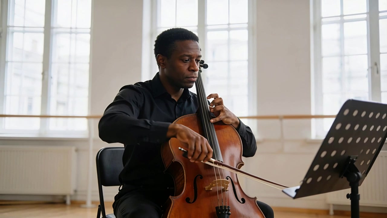 Reading score on music stand and rehearsing, adult cellist bowing cello in studio