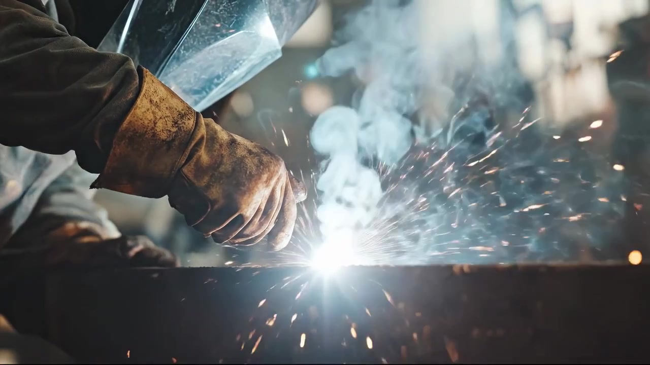 Close-up of a Welder Working with Sparks and Smoke