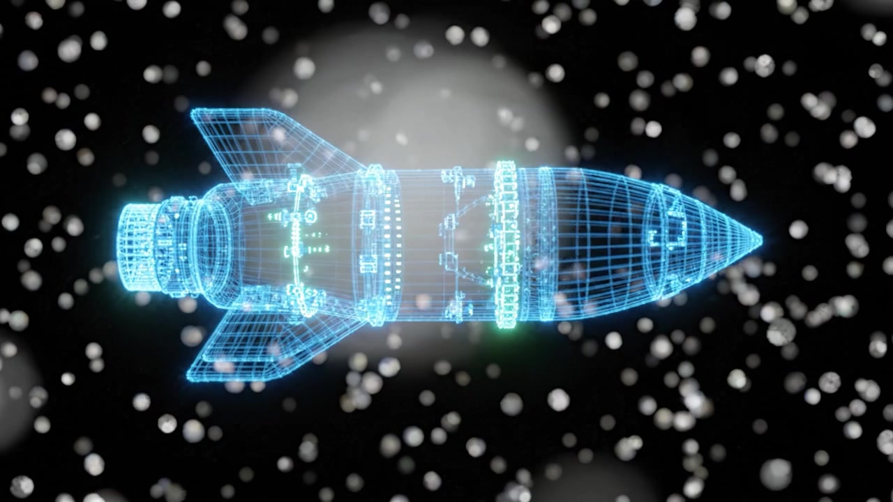 Futuristic 3D holographic rocket model soaring through a cosmic environment with shimmering particles, showcasing advanced technology and imaginative design in space.