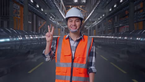 Engineer showing success gesture in a factory
