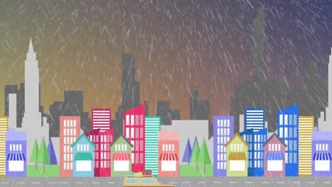 Rain-falling-against-cityscape