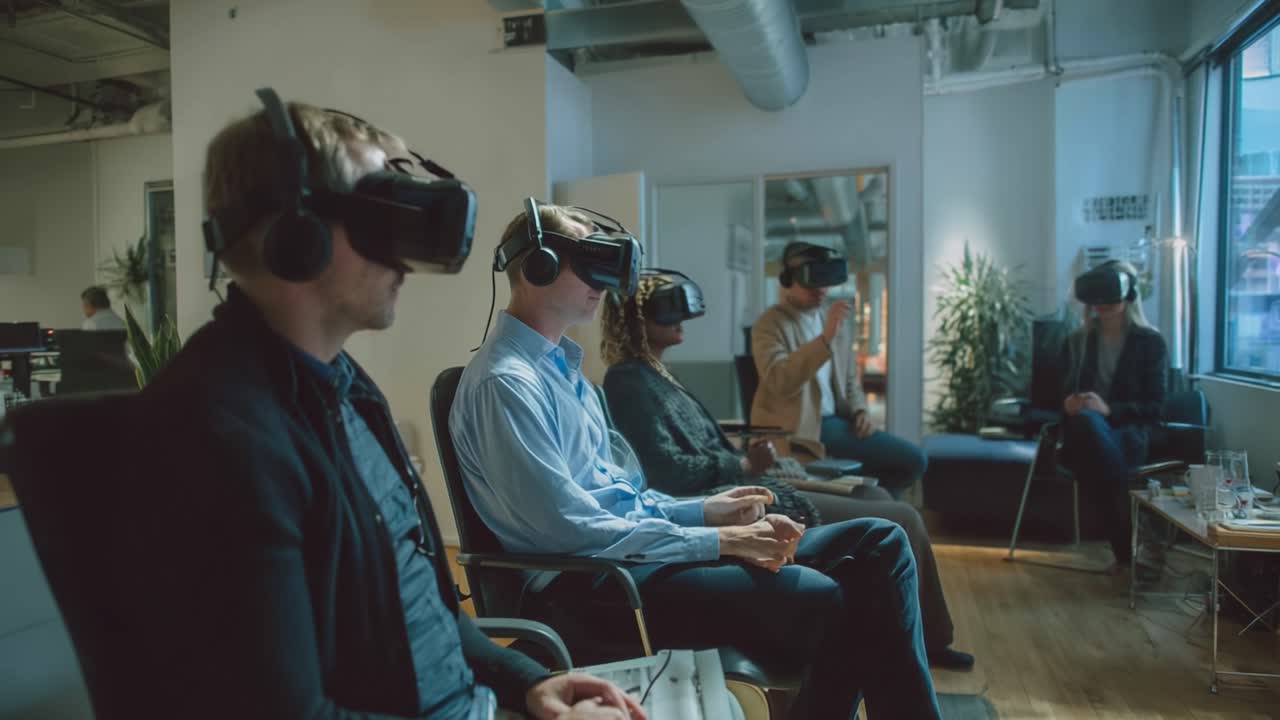 Group of individuals engaging in immersive virtual reality experiences, showcasing technology's impact on social interaction and entertainment within a modern office environment adorned with greenery and casual seating