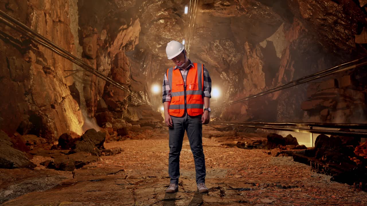 Full Body Of Asian Male Engineer With Safety Helmet Having A Headache While Working In Underground Mine Tunnel