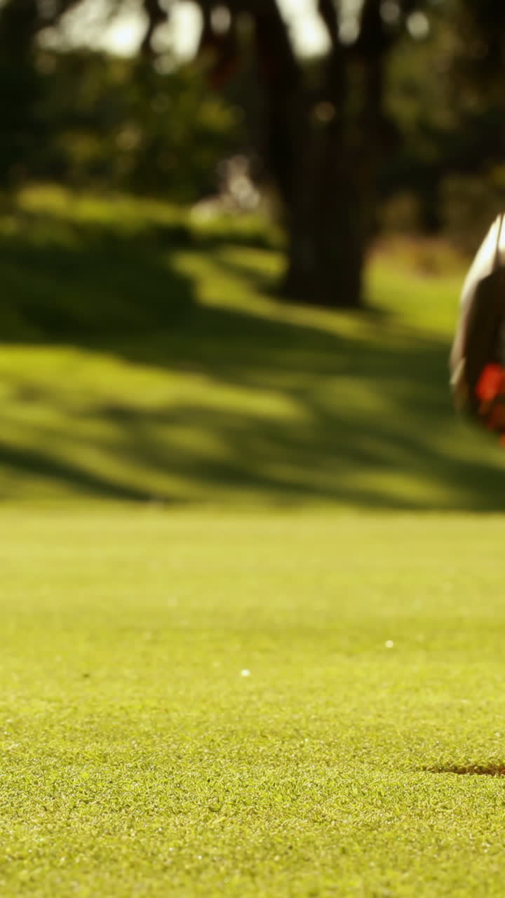 Uomo che imbuca la sua pallina da golf ed esulta