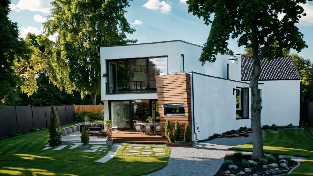 Modern house exterior in a lush garden setting, captured from a low-angle, showcasing sleek design