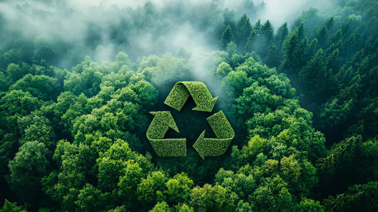 Green recycling symbol made of trees in misty forest. Top down view of recycling icon shaped by green trees in a foggy mountain forest landscape
