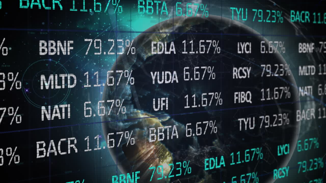 Animation of financial data processing over globe