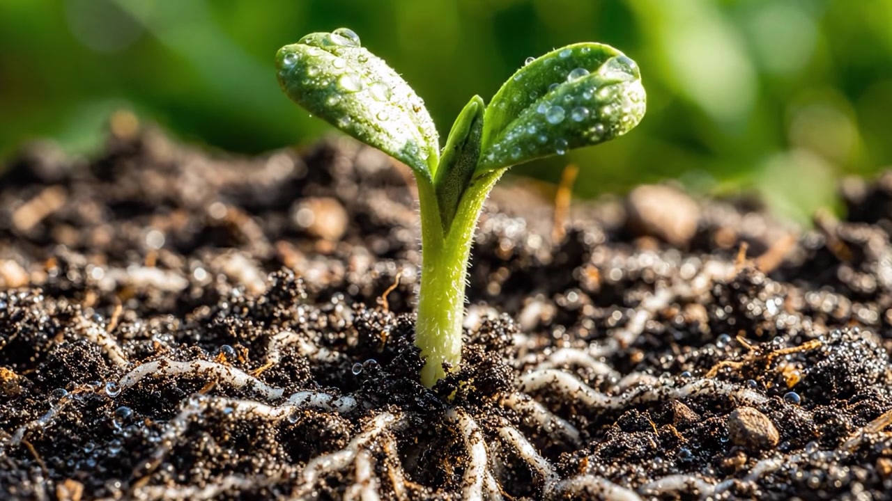 Un viaggio di crescita: la trasformazione di una piantina che emerge da un terreno ricco in una vita verde lussureggiante, illuminando la resilienza e la bellezza della natura