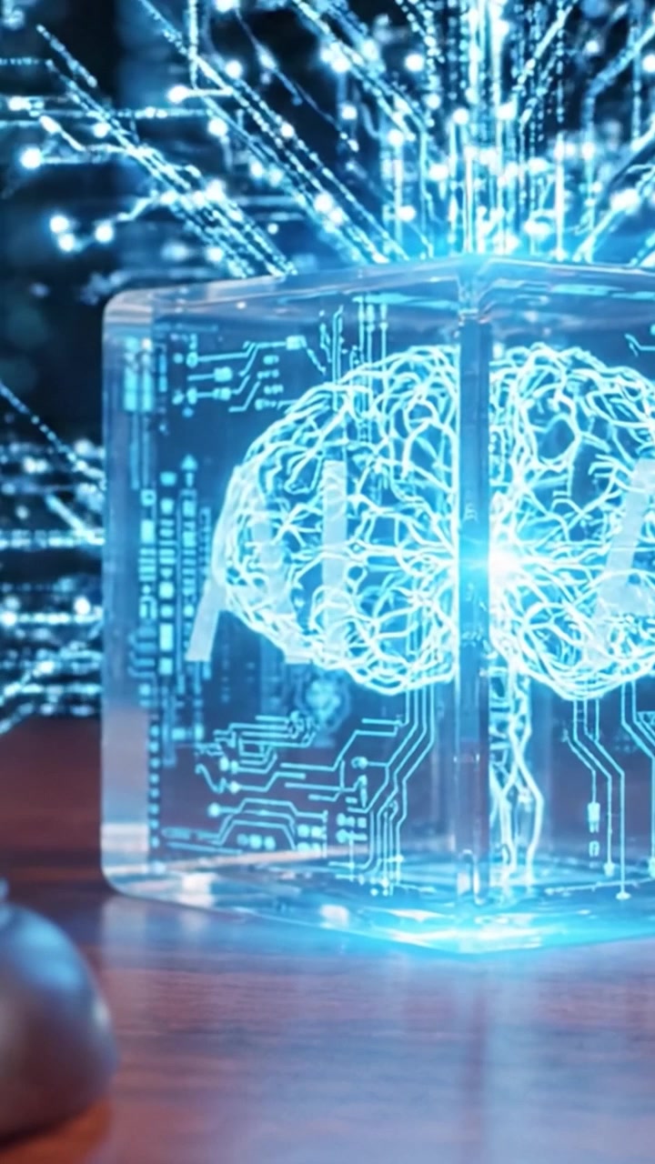A Glimpse into the Future: The Transformation of a Clear Cube into a Vibrant Display of Digital Intelligence and Creativity Illuminating the Tabletop