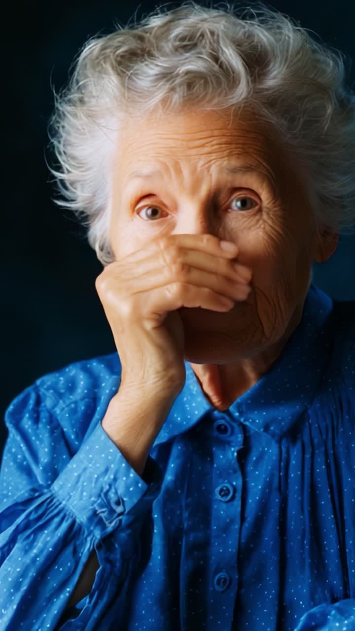 An Elderly Woman Expressing Emotion with Hand on Face, Capturing a Moment of Reflection in a Thoughtful Portrait with Soft Lighting and Blue Attire