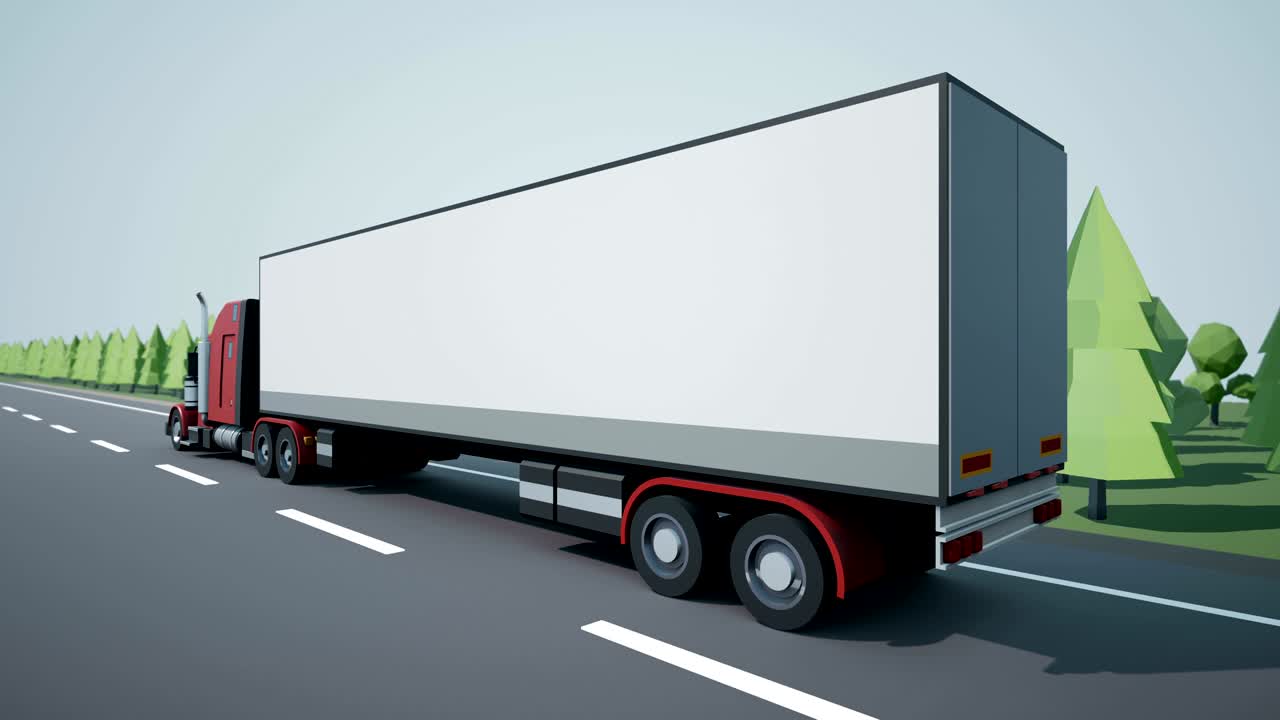 뒷면 카메라는 고속도로에서 운전하는 화물 트레일러와 함께 미국 세미 트럭을 따릅니다. 낮은 폴리 그래픽.