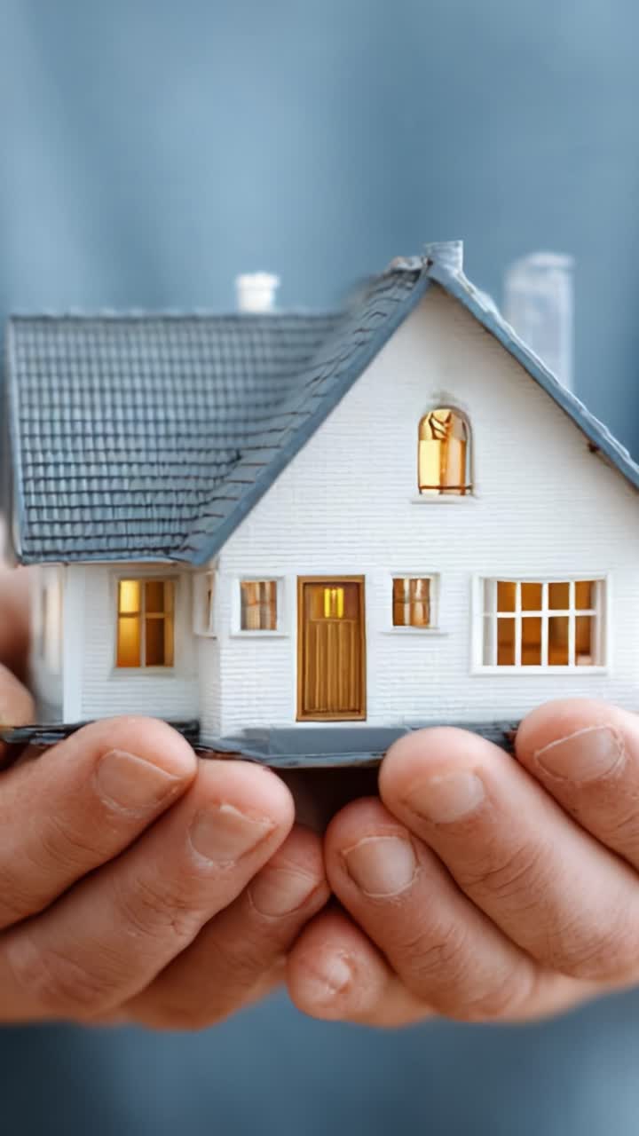 Una persona tiene tra le braccia un modello di casa in miniatura, che simboleggia la proprietà della casa, la cura e l'essenza del comfort nell'architettura e nel design