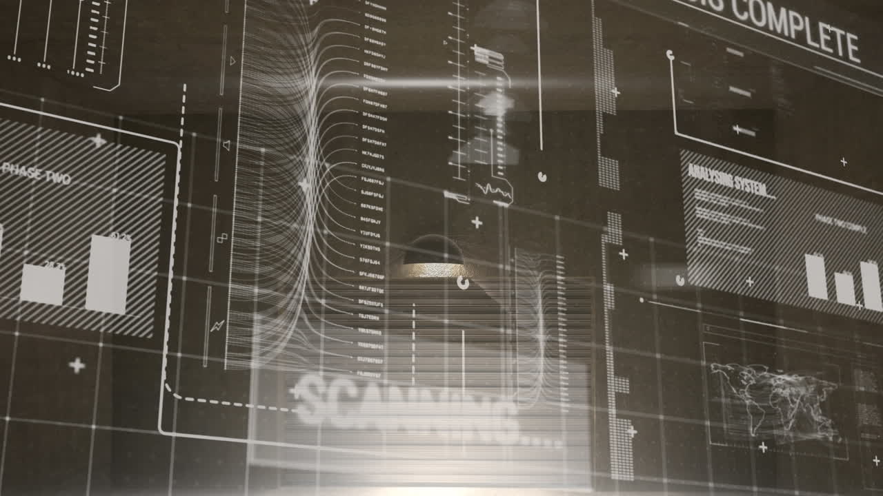 Animation of statistics and data processing on black background