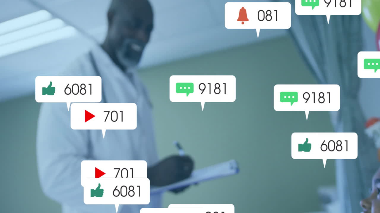 Doctor holding clipboard writing in clinic, displaying floating social media notification icons