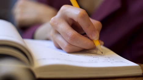 businesswoman makes notes in a notebook in coffee shop.