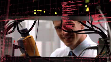 animation of data processing over caucasian man in server room