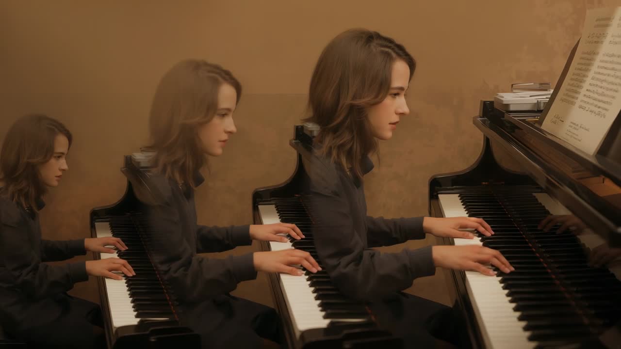 Donna che si esercita, indossa abiti scuri e suona un pianoforte a coda in studio; spartito che suggerisce un fantasma sulla sinistra