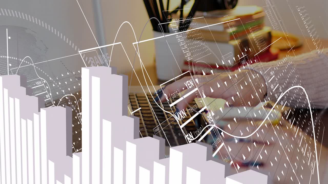 Adult male typing on laptop, hands entering and reaching mug while HUD charts rising for analysis