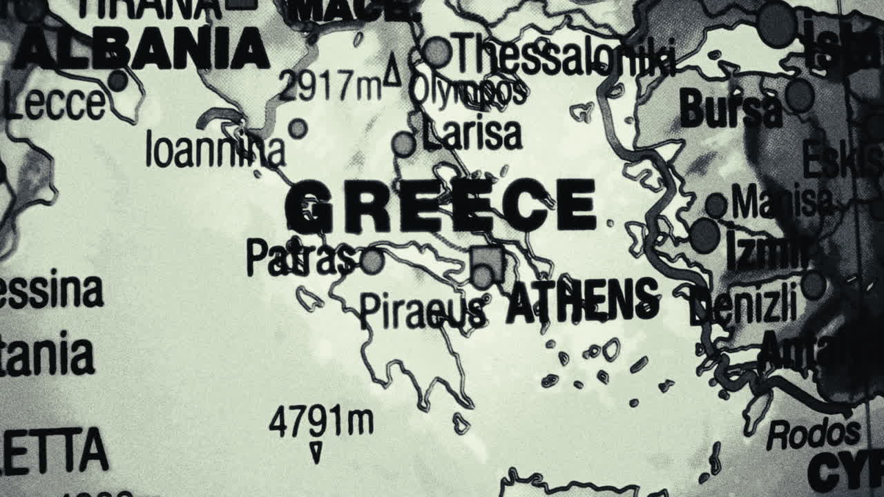 Close-up of Greece on a geographical map