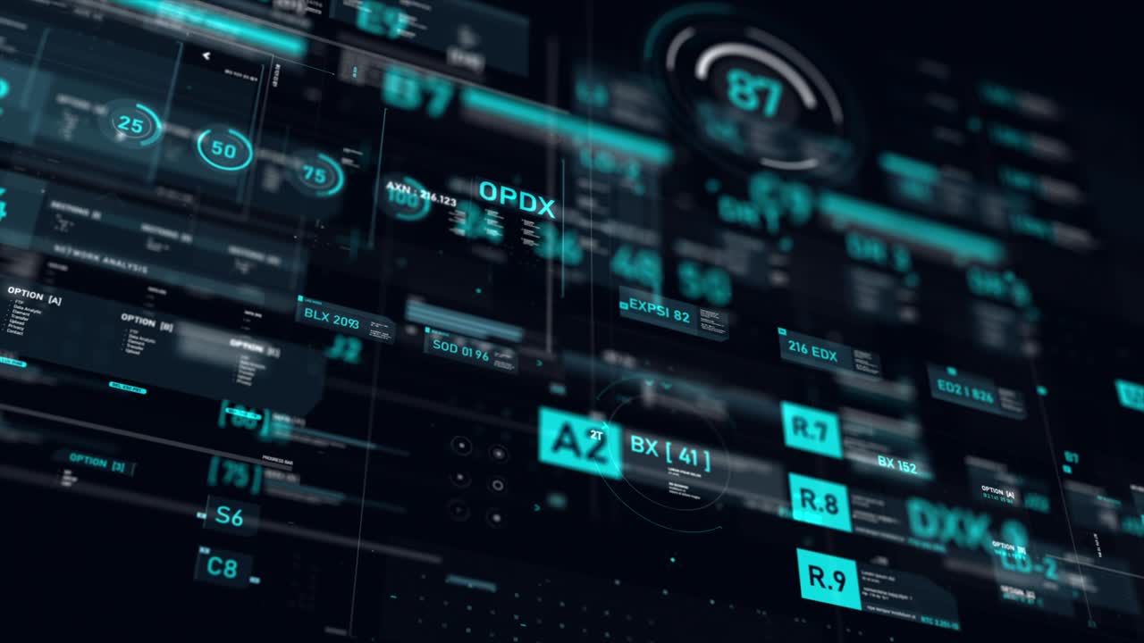 Futuristic user interface HUD GUI digital text number element for cyber technology concept with shallow depth of field dark and grain processed