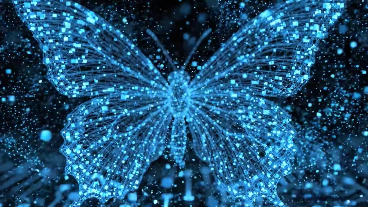 Digital Transformation: A Stunning Representation of a Blue Butterfly Composed of Interconnected Data Points and Light Effects in a Cybernetic Environment