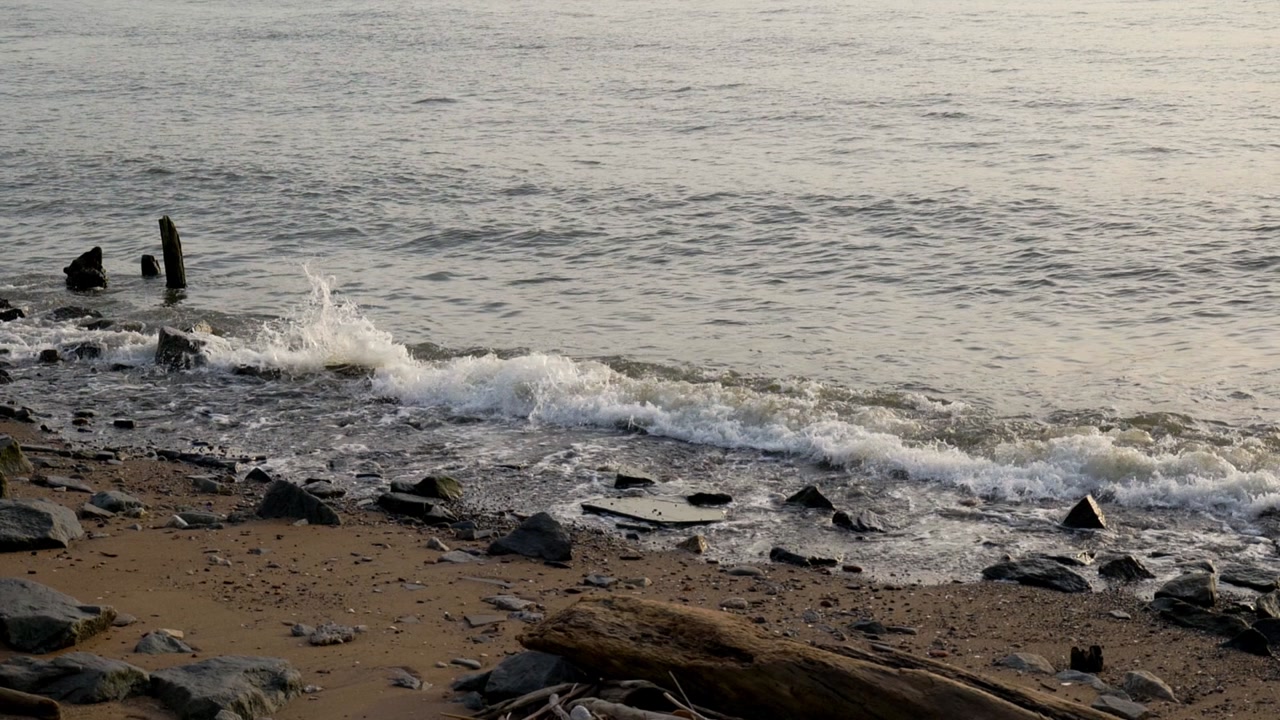Close up of hudson river waves on shoreline in NYC