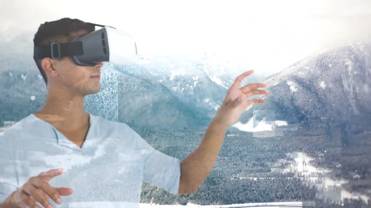 Man using VR with mountains