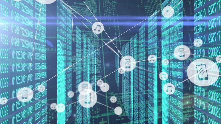 Animation of network of connections with icons and data processing over computer servers