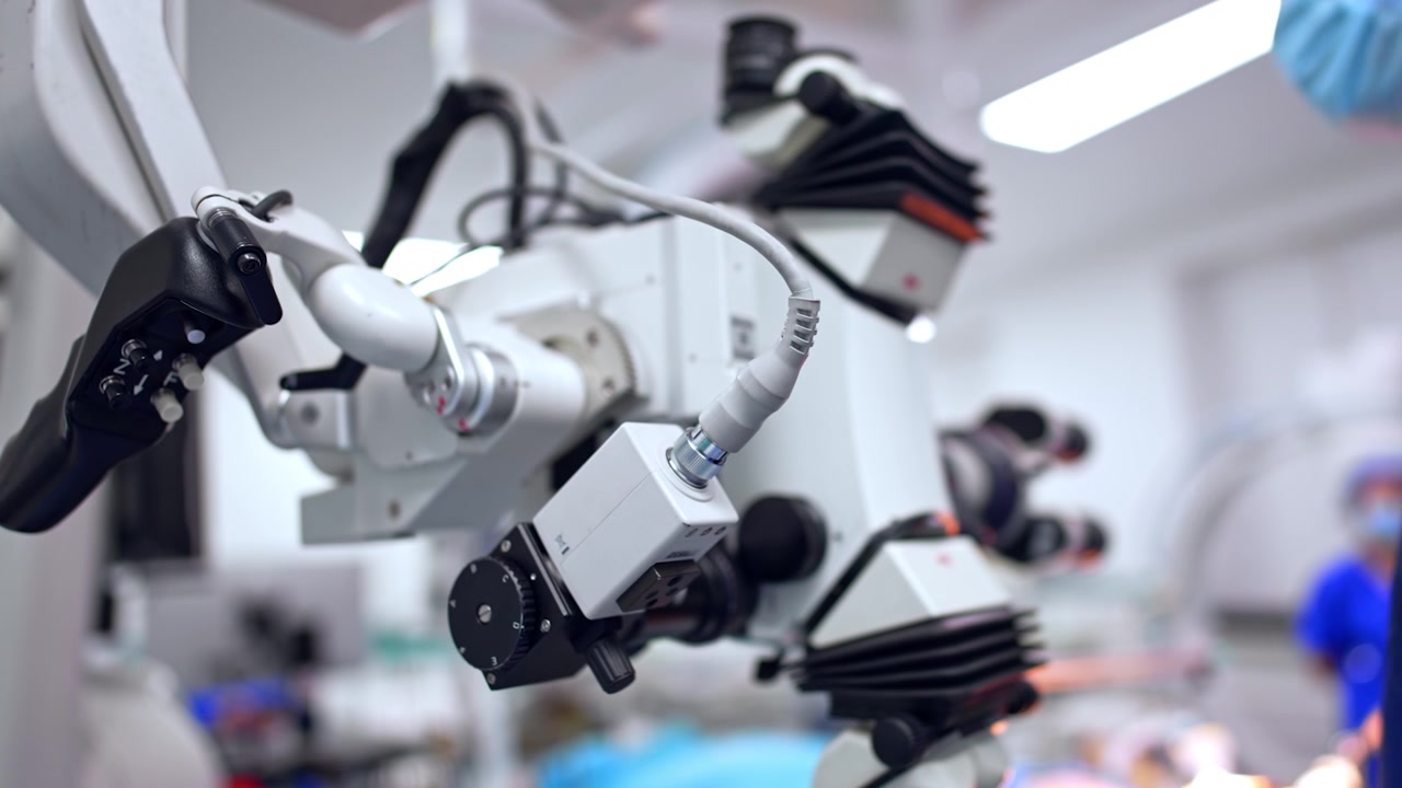 Advanced medical equipment in the modern surgery room. Professional technological microscope for neurosurgeries. Close up.
