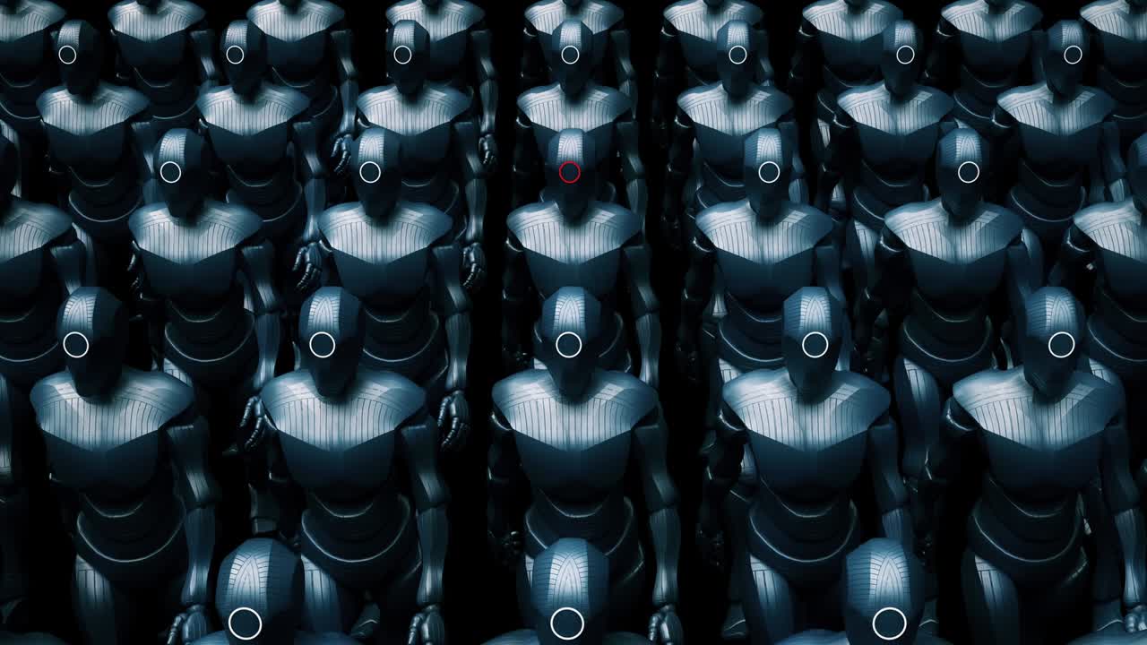 el ejército de robots alienígenas marcha lentamente, invadiendo la tierra, un bucle perfecto.