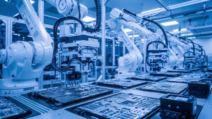 High-Tech Manufacturing Facility Showcasing Advanced Robotics and Automation in Action with Precision Assembly of Circuit Boards in a Futuristic Environment