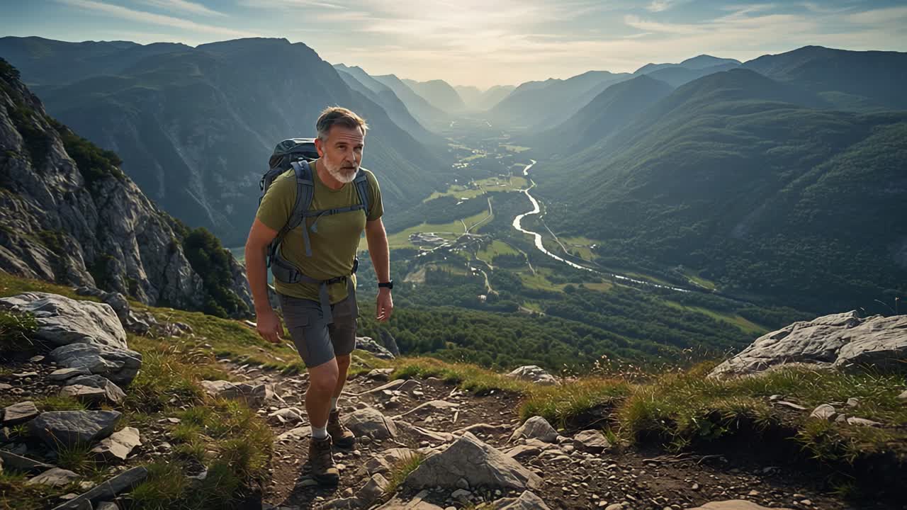 A Solo Hiker Ascends a Scenic Mountain Trail Surrounded by Breathtaking Views of the Valley and Rolling Hills Under a Golden Sunset