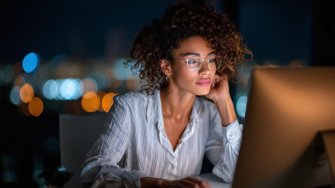 Focused Evening Work Session: A Young Woman Engaged in Screen Tasks with Soft Bokeh Lighting in the Background, Demonstrating Modern Productivity