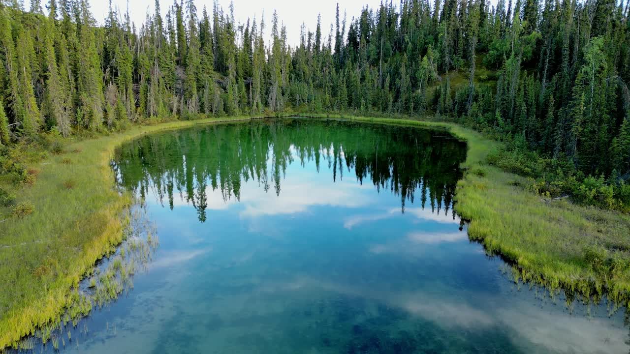 Kanada, Yukon’daki Little Fox Gölü’nde canlı bir orman ve turkuaz renkli suyla çevrili, drone yavaşça dönüyor ve neredeyse dairesel bir çıkmaz su kanalına doğru uçuyor
