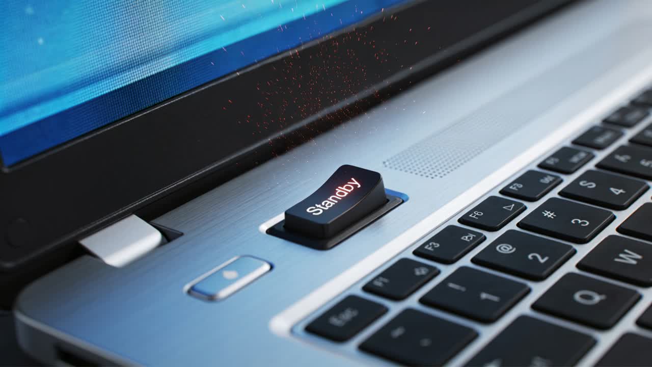 Sparking black Standby key emitting red-orange glow on laptop palm-rest, from brief surge
