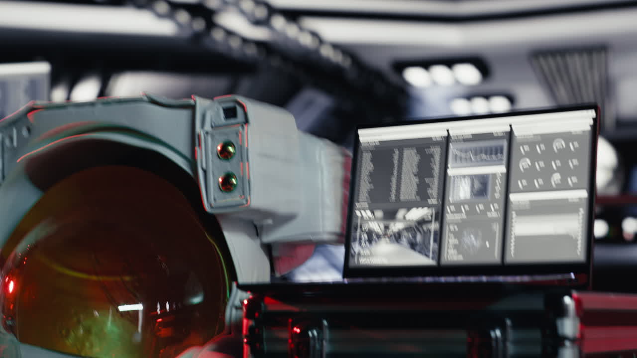 Astronaut suit helmet and laptop inside spaceship control bay