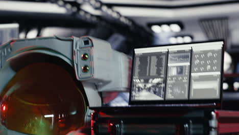 astronaut suit helmet and laptop inside spaceship control bay