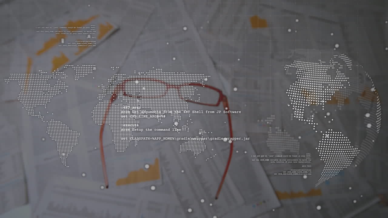 Animation of data processing and world map over documents